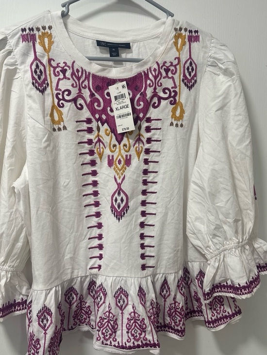 INC International Concepts Tops - INC International Concepts White Peasant Top with Purple and Gold Embroidery